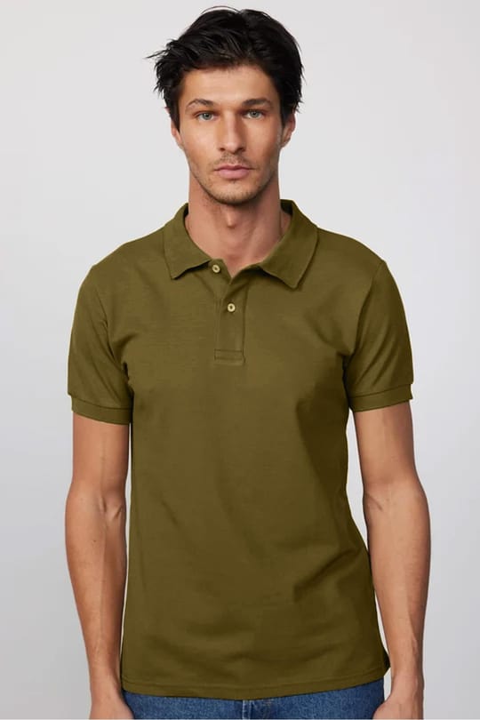 Erkek Slim Fit Dar Kesim %100 Pamuk Düz Pike Haki Polo Yaka Tişört