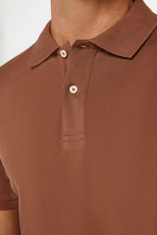 Erkek Slim Fit Dar Kesim %100 Pamuk Düz Pike Kahverengi Polo Yaka Tişört