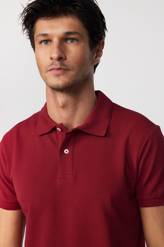 Erkek Slim Fit Dar Kesim %100 Pamuk Düz Pike Bordo Polo Yaka Tişört