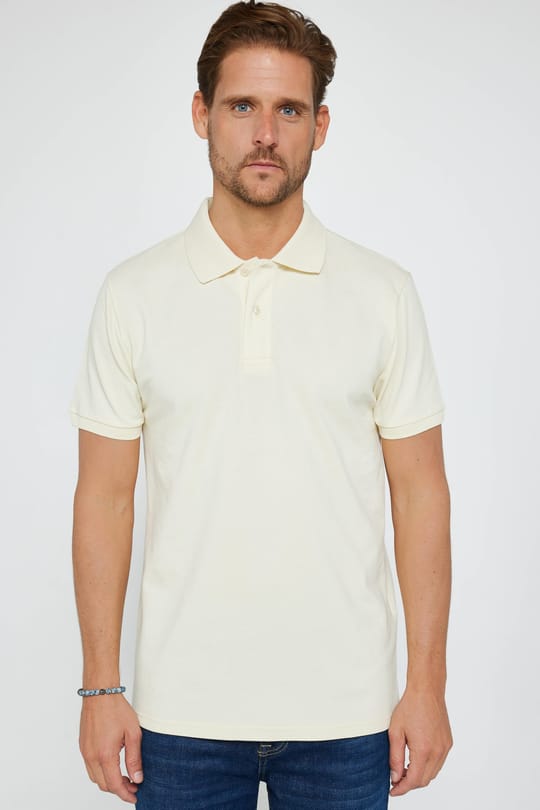 Erkek Slim Fit Dar Kesim %100 Pamuk Düz Pike Krem Renk Polo Yaka Tişört