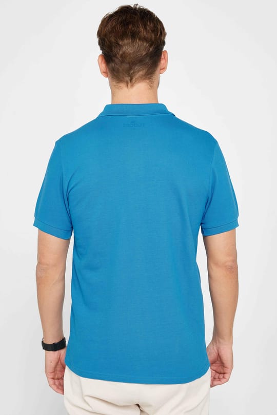 Erkek Slim Fit Dar Kesim %100 Pamuk Düz Pike Mavi Polo Yaka Tişört