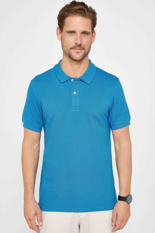 Erkek Slim Fit Dar Kesim %100 Pamuk Düz Pike Mavi Polo Yaka Tişört