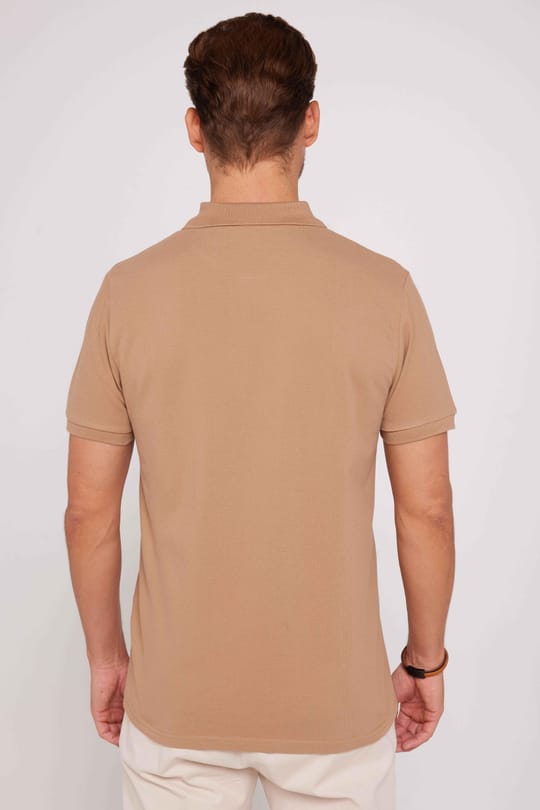 Erkek Slim Fit Dar Kesim %100 Pamuk Düz Pike Kahverengi Polo Yaka Tişört