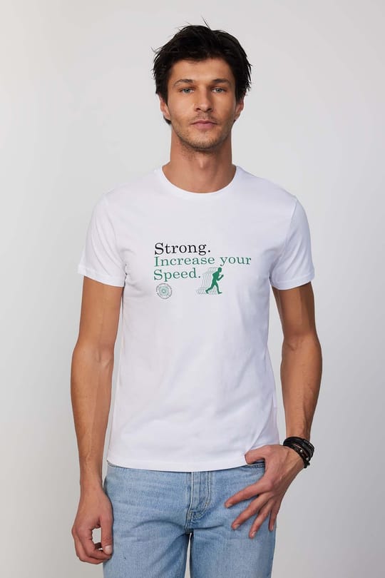 Erkek Bisiklet Yaka Slim Fit Pamuk Baskılı Beyaz Tişört