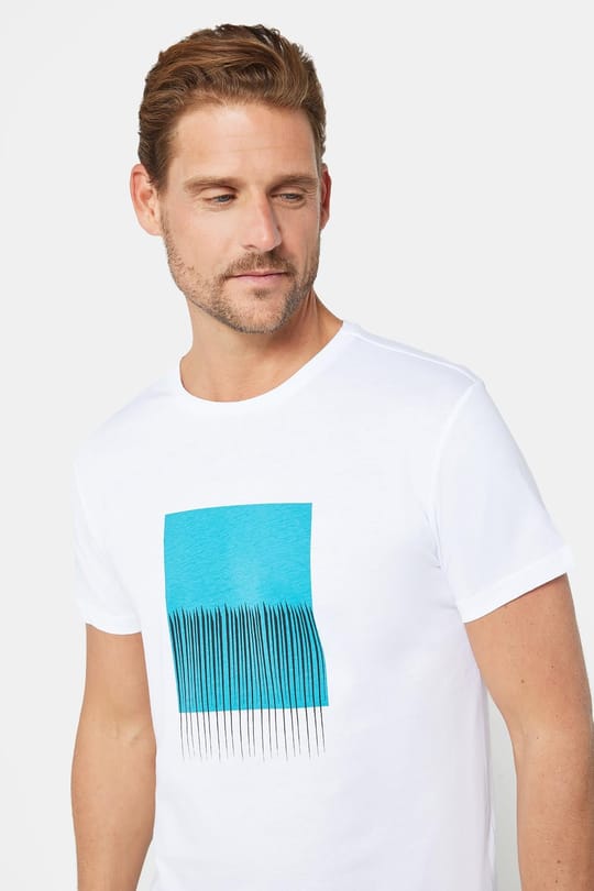 Erkek Slim Fit Dar Kesim %100 Pamuk Yumuşak Dokulu Baskılı Beyaz Bisiklet Yaka Tişört