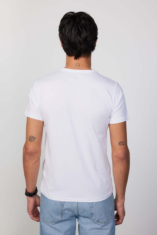 Erkek Slim Fit Dar Kesim %100 Pamuk Yumuşak Dokulu Baskılı Beyaz Bisiklet Yaka Tişört