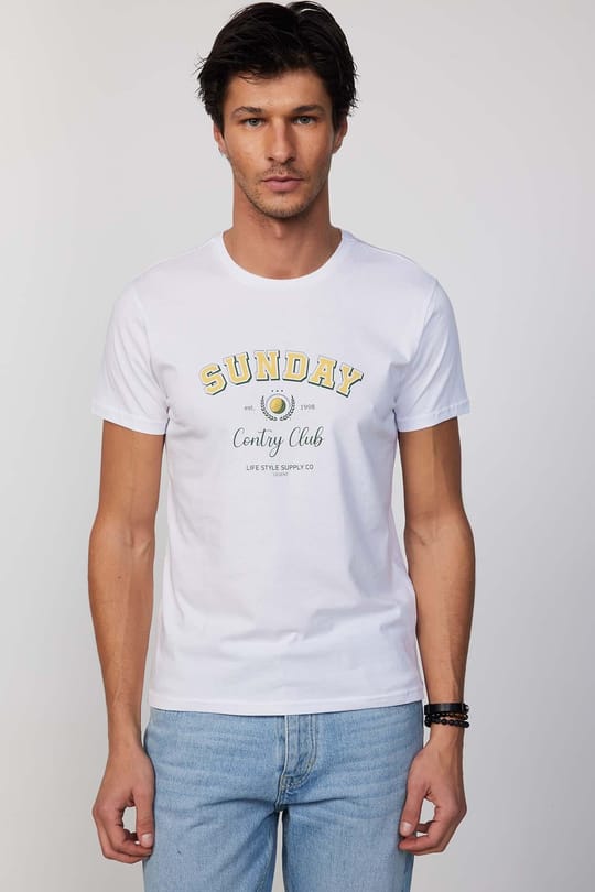 Erkek Slim Fit Dar Kesim %100 Pamuk Yumuşak Dokulu Baskılı Beyaz Bisiklet Yaka Tişört