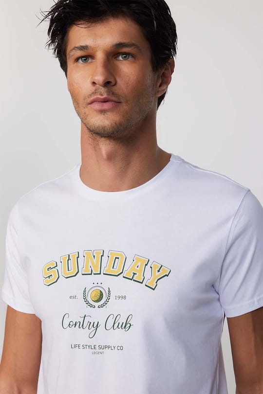 Erkek Slim Fit Dar Kesim %100 Pamuk Yumuşak Dokulu Baskılı Beyaz Bisiklet Yaka Tişört