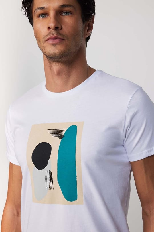 Erkek Slim Fit Dar Kesim %100 Pamuk Yumuşak Dokulu Baskılı Beyaz Bisiklet Yaka Tişört
