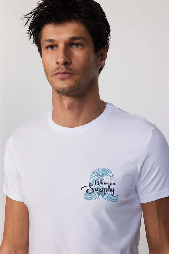 Erkek Slim Fit Dar Kesim %100 Pamuk Yumuşak Dokulu Baskılı Beyaz Bisiklet Yaka Tişört