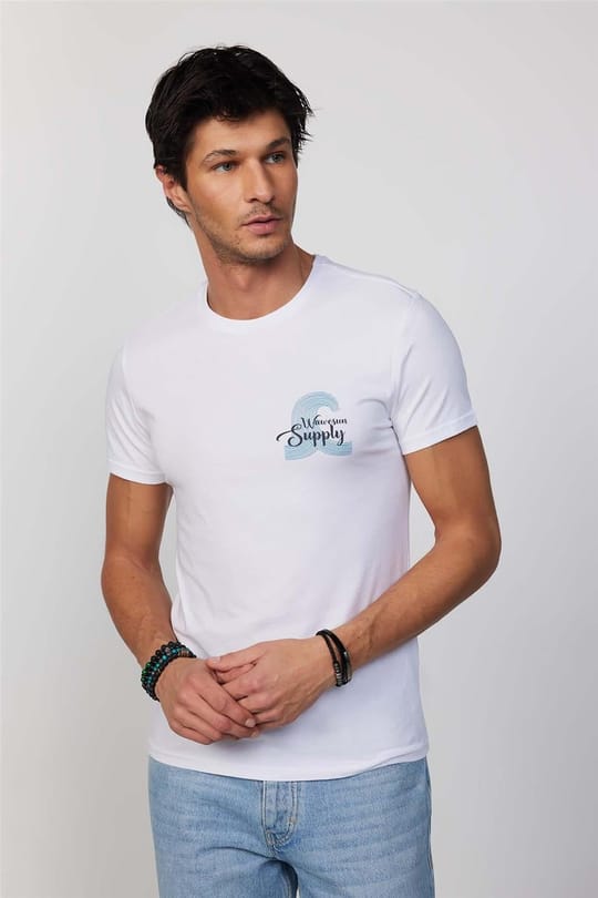 Erkek Slim Fit Dar Kesim %100 Pamuk Yumuşak Dokulu Baskılı Beyaz Bisiklet Yaka Tişört