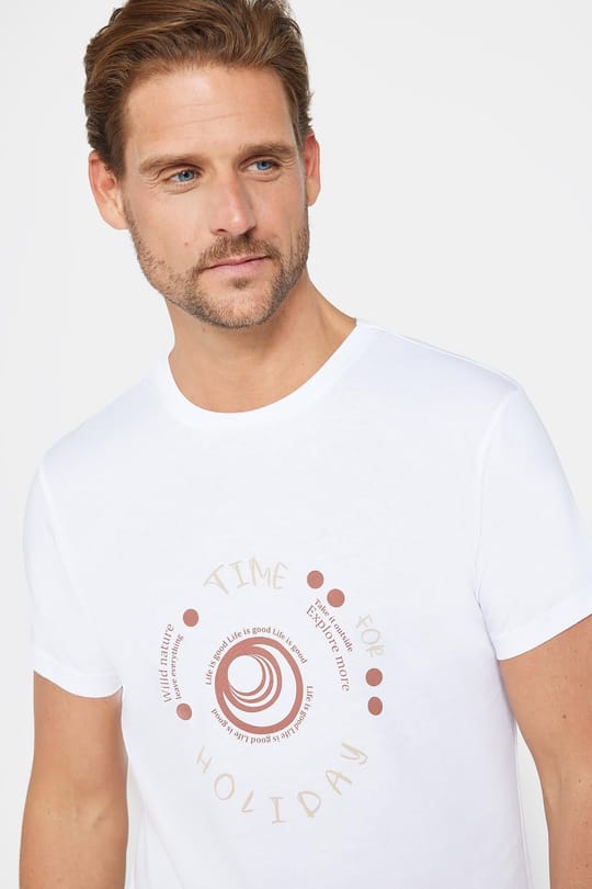 Erkek Slim Fit Dar Kesim %100 Pamuk Yumuşak Dokulu Baskılı Beyaz Bisiklet Yaka Tişört