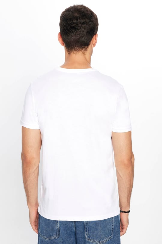 Erkek Slim Fit Dar Kesim %100 Pamuk Yumuşak Dokulu Baskılı Beyaz Bisiklet Yaka Tişört