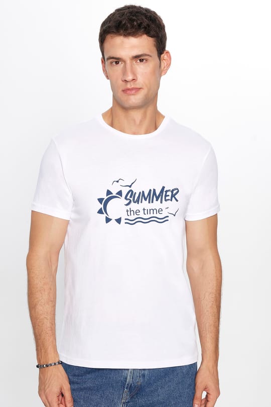 Erkek Slim Fit Dar Kesim %100 Pamuk Yumuşak Dokulu Baskılı Beyaz Bisiklet Yaka Tişört