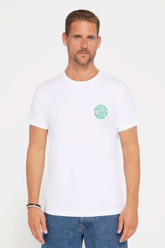 Erkek Slim Fit Dar Kesim %100 Pamuk Yumuşak Dokulu Baskılı Beyaz Bisiklet Yaka Tişört