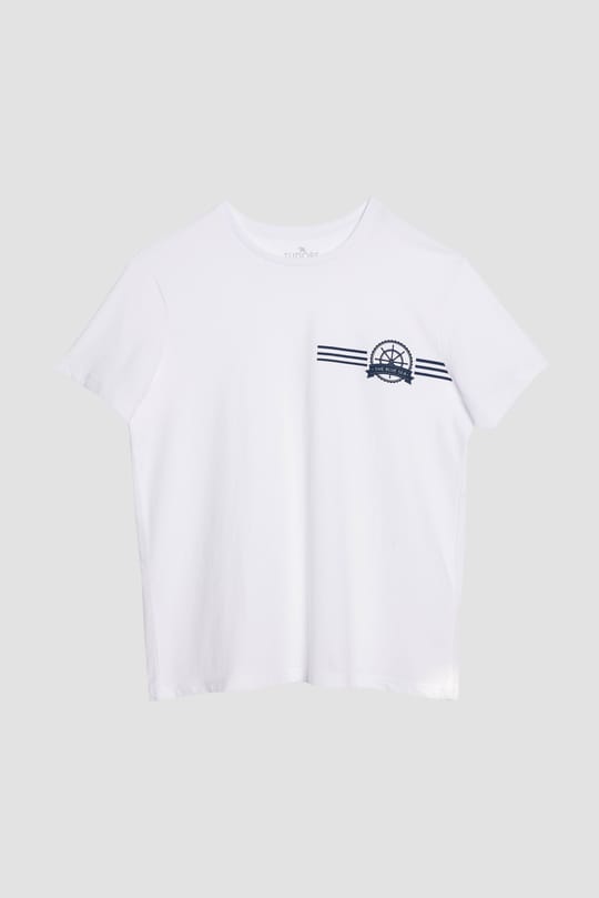 Erkek Slim Fit Dar Kesim %100 Pamuk Yumuşak Dokulu Baskılı Beyaz Bisiklet Yaka Tişört