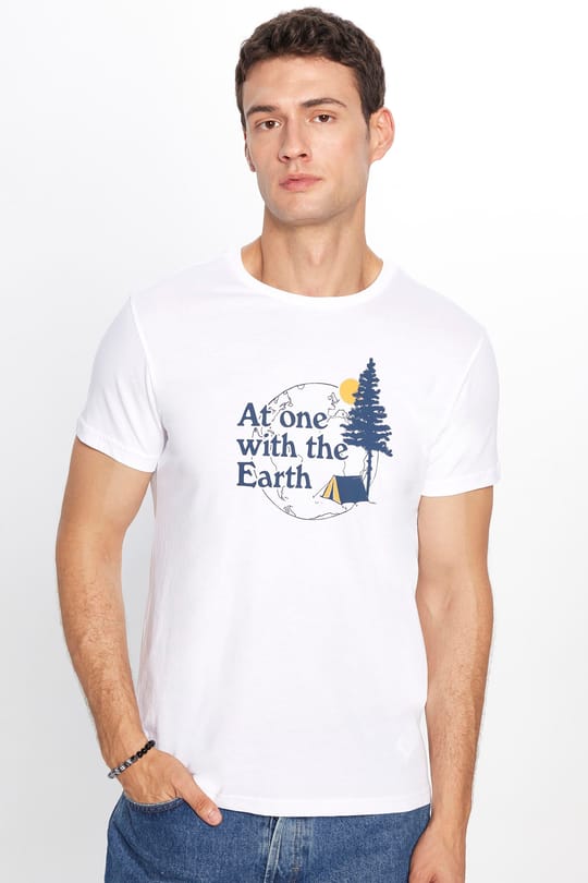 Erkek Slim Fit Dar Kesim %100 Pamuk Yumuşak Dokulu Baskılı Beyaz Bisiklet Yaka Tişört