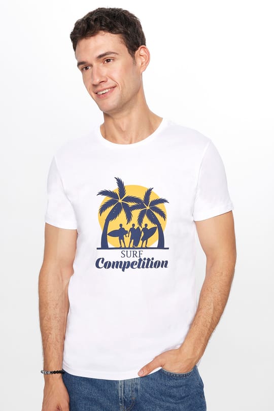 Erkek Slim Fit Dar Kesim %100 Pamuk Yumuşak Dokulu Baskılı Beyaz Bisiklet Yaka Tişört