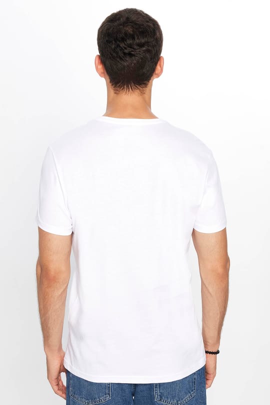 Erkek Slim Fit Dar Kesim %100 Pamuk Yumuşak Dokulu Baskılı Beyaz Bisiklet Yaka Tişört