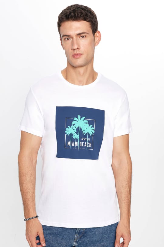 Erkek Slim Fit Dar Kesim %100 Pamuk Yumuşak Dokulu Baskılı Beyaz Bisiklet Yaka Tişört