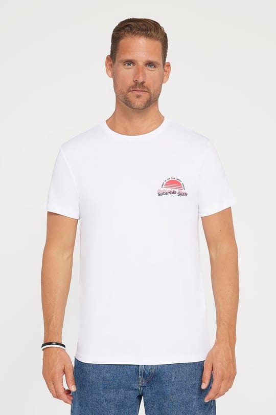 Erkek Slim Fit Dar Kesim %100 Pamuk Yumuşak Dokulu Baskılı Beyaz Bisiklet Yaka Tişört