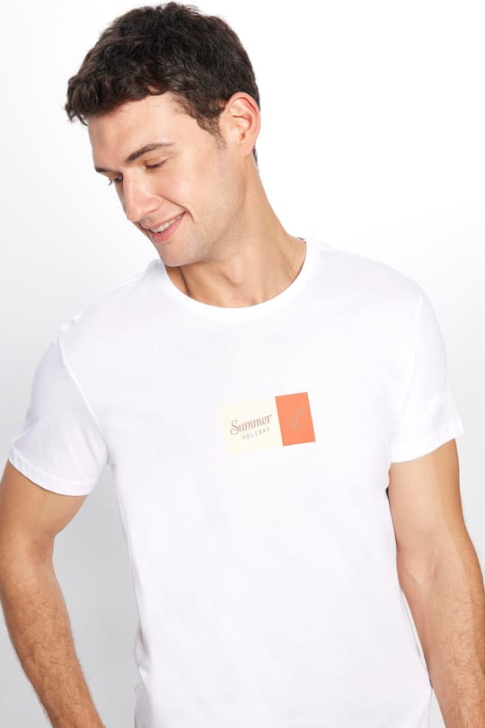 Erkek Slim Fit Dar Kesim %100 Pamuk Yumuşak Dokulu Baskılı Beyaz Bisiklet Yaka Tişört