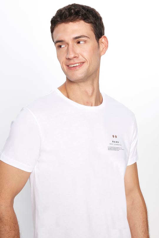 Erkek Slim Fit Dar Kesim %100 Pamuk Yumuşak Dokulu Baskılı Beyaz Bisiklet Yaka Tişört