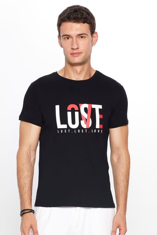 Erkek Slim Fit Dar Kesim %100 Pamuk Yumuşak Dokulu Baskılı Siyah Bisiklet Yaka Tişört