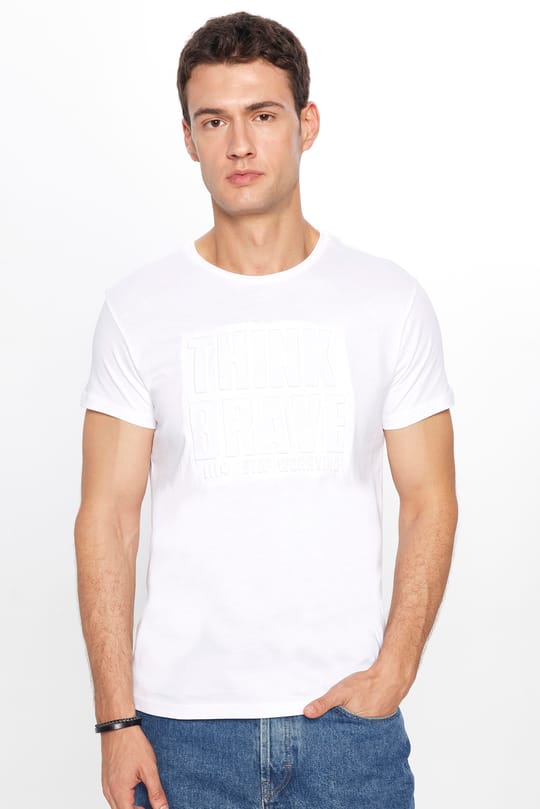 Erkek Slim Fit Dar Kesim %100 Pamuk Yumuşak Dokulu Baskılı Beyaz Bisiklet Yaka Tişört