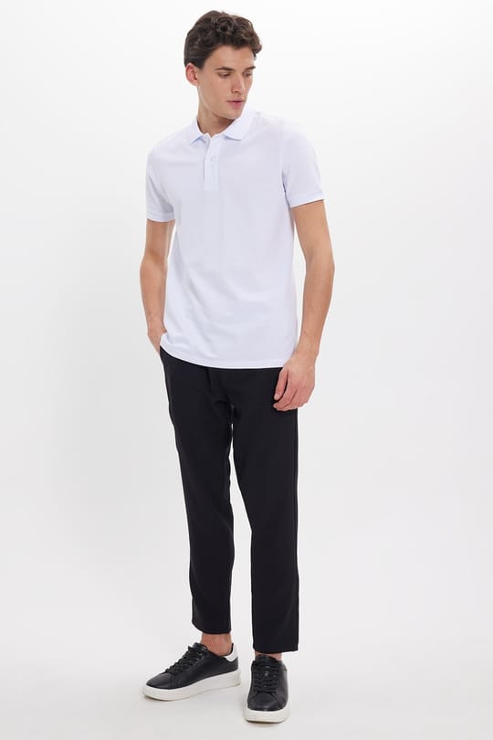 Erkek Slim Fit Dar Kesim Pamuklu Yumuşak Doku Nefes Alan Kumaş Kıvrılmaz Yaka Beyaz Polo Yaka Tişört