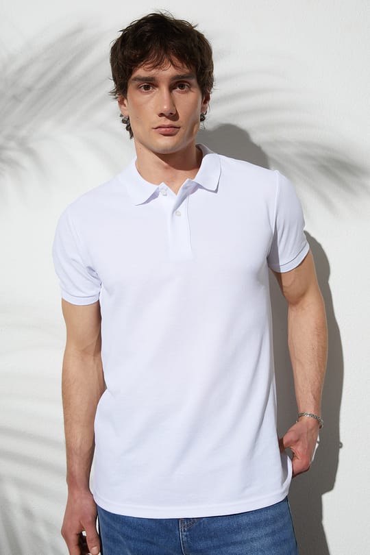 Erkek Slim Fit Dar Kesim Pamuklu Yumuşak Doku Nefes Alan Kumaş Kıvrılmaz Yaka Beyaz Polo Yaka Tişört