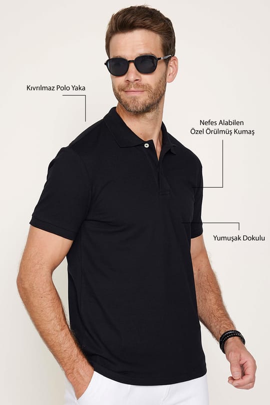 Erkek Slim Fit Dar Kesim Pamuklu Yumuşak Doku Nefes Alan Kumaş Kıvrılmaz Yaka Siyah Polo Yaka Tişört