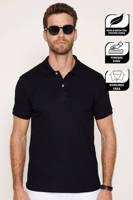 Erkek Slim Fit Dar Kesim Pamuklu Yumuşak Doku Nefes Alan Kumaş Kıvrılmaz Yaka Siyah Polo Yaka Tişört
