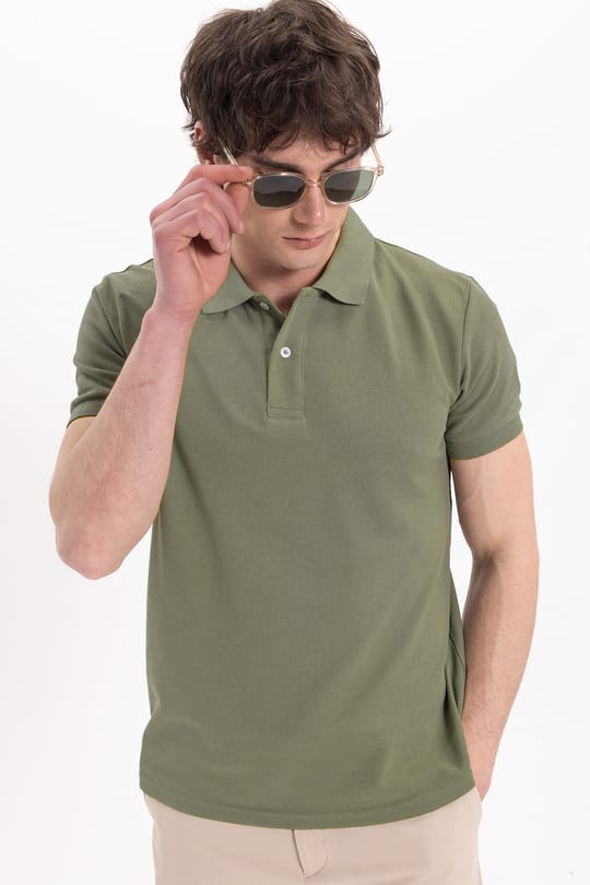 Erkek Slim Fit Dar Kesim Pamuklu Yumuşak Dokulu Serin Tutan Kumaş Düz Pike Haki Polo Yaka Tişört