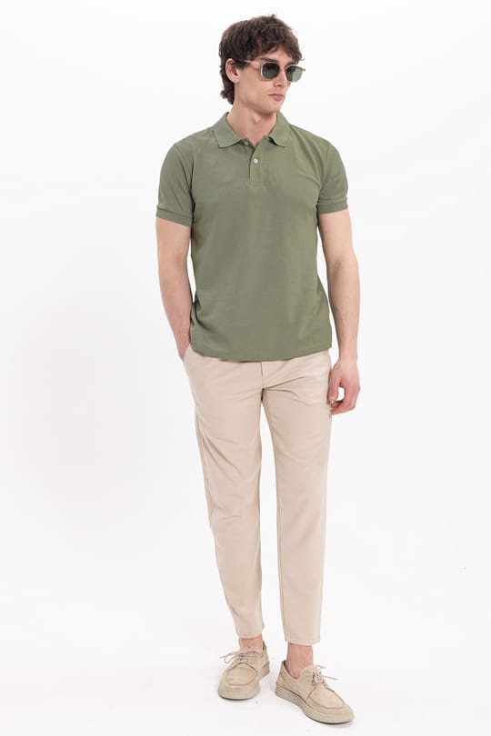 Erkek Slim Fit Dar Kesim Pamuklu Yumuşak Dokulu Serin Tutan Kumaş Düz Pike Haki Polo Yaka Tişört