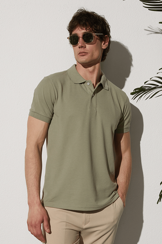 Erkek Slim Fit Dar Kesim Pamuklu Yumuşak Dokulu Serin Tutan Kumaş Düz Pike Haki Polo Yaka Tişört
