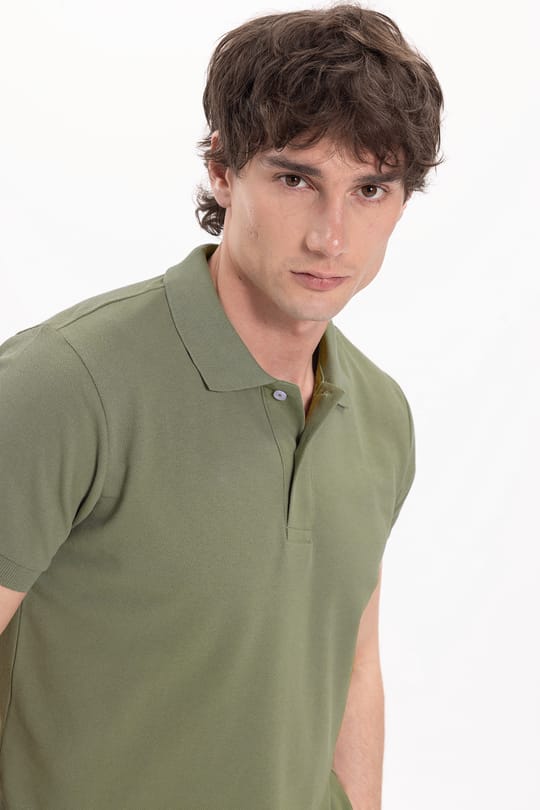 Erkek Slim Fit Dar Kesim Pamuklu Yumuşak Dokulu Serin Tutan Kumaş Düz Pike Haki Polo Yaka Tişört