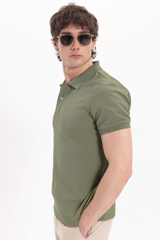 Erkek Slim Fit Dar Kesim Pamuklu Yumuşak Dokulu Serin Tutan Kumaş Düz Pike Haki Polo Yaka Tişört