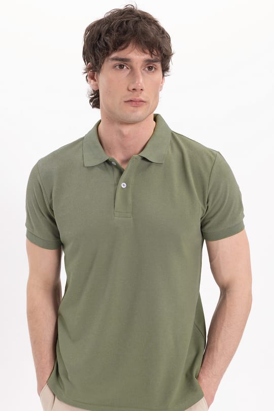 Erkek Slim Fit Dar Kesim Pamuklu Yumuşak Dokulu Serin Tutan Kumaş Düz Pike Haki Polo Yaka Tişört