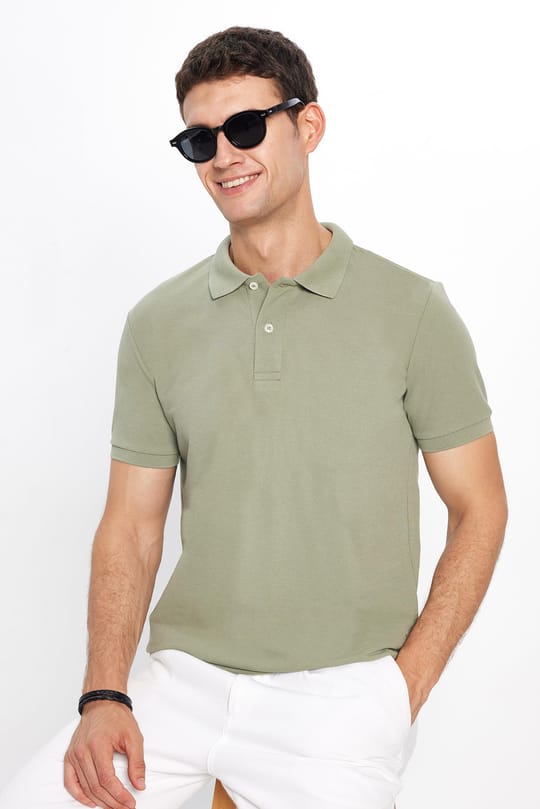 Erkek Slim Fit Dar Kesim Pamuklu Yumuşak Doku Nefes Alan Kumaş Kıvrılmaz Yaka Haki Polo Yaka Tişört