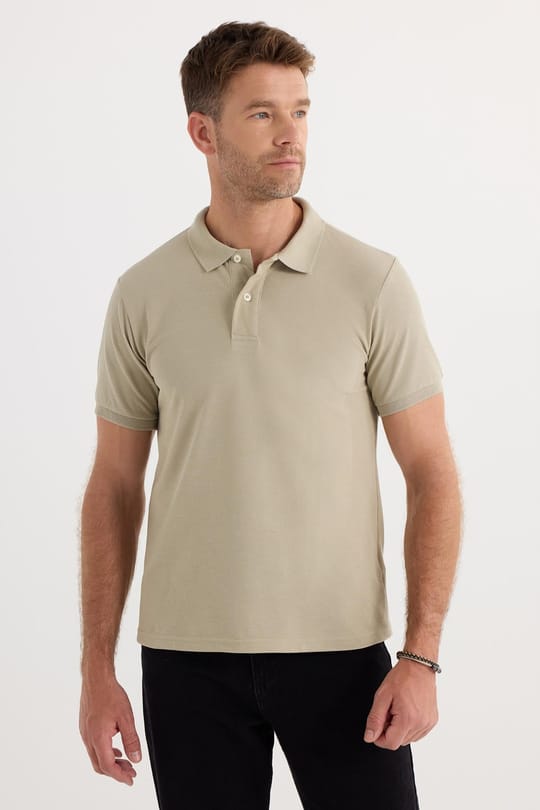 Erkek Slim Fit Dar Kesim Pamuklu Yumuşak Dokulu Serin Tutan Kumaş Düz Pike Bej Polo Yaka Tişört
