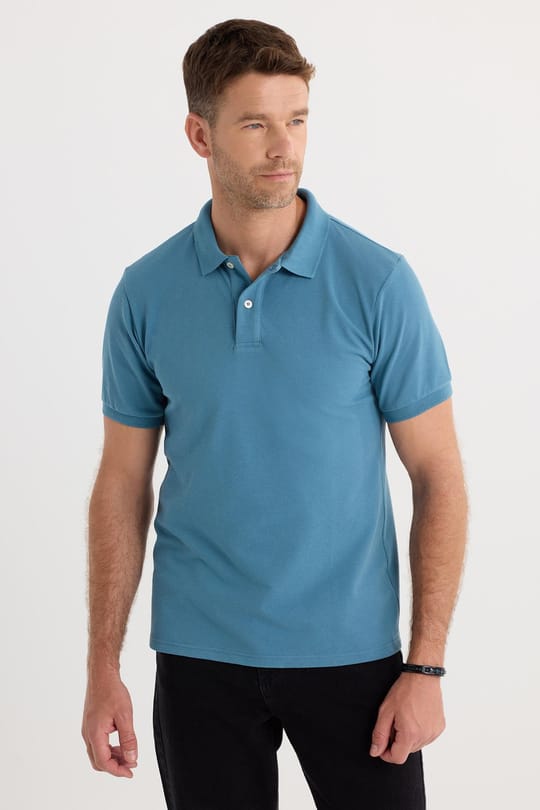 Erkek Slim Fit Dar Kesim Pamuklu Yumuşak Dokulu Serin Tutan Kumaş Düz Pike Mavi Polo Yaka Tişört