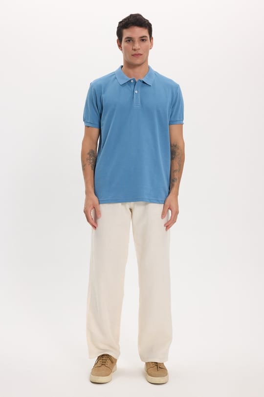 Erkek Slim Fit Dar Kesim Pamuklu Yumuşak Doku Nefes Alan Kumaş Kıvrılmaz Yaka Mavi Renk Polo Yaka