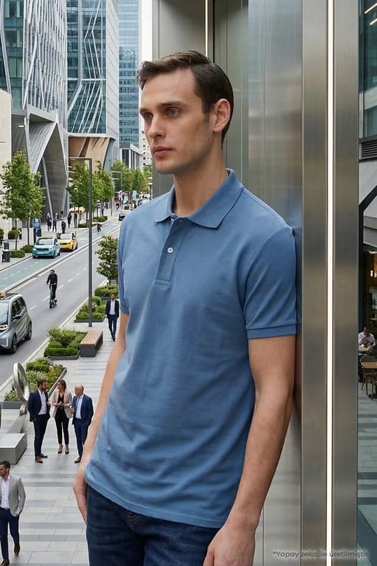 Erkek Slim Fit Dar Kesim Pamuklu Yumuşak Doku Kıvrılmaz Yaka Mavi Renk Polo Yaka