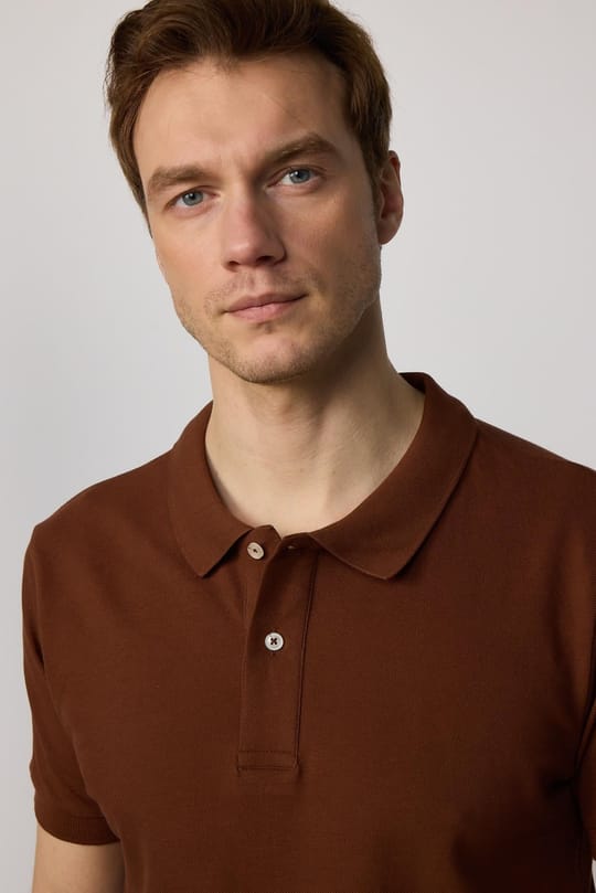 Erkek Slim Fit Dar Kesim Pamuklu Yumuşak Doku Nefes Alan Kumaş Kahverengi Polo Yaka Tişört