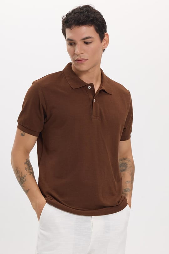 Erkek Slim Fit Dar Kesim Pamuklu Yumuşak Doku Kahverengi Polo Yaka Tişört