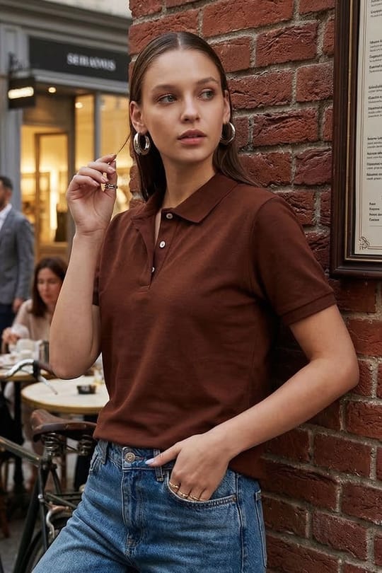 Erkek Slim Fit Dar Kesim Pamuklu Yumuşak Doku Nefes Alan Kumaş Kahverengi Polo Yaka Tişört