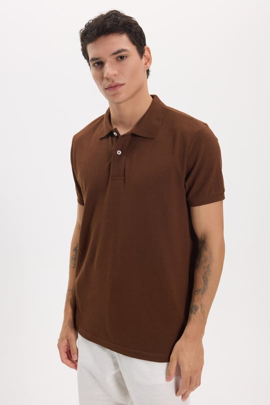 Erkek Slim Fit Dar Kesim Pamuklu Yumuşak Doku Kahverengi Polo Yaka Tişört