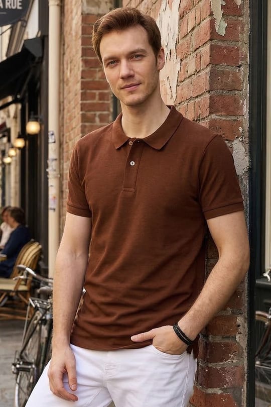 Erkek Slim Fit Dar Kesim Pamuklu Yumuşak Doku Nefes Alan Kumaş Kahverengi Polo Yaka Tişört