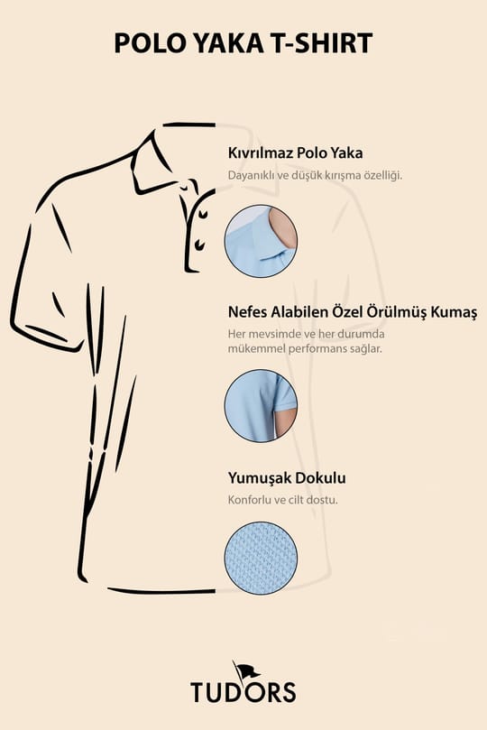 Erkek Slim Fit Dar Kesim Pamuklu Yumuşak Doku Nefes Alan Kumaş Kıvrılmaz Yaka Mavi Polo Yaka Tişört